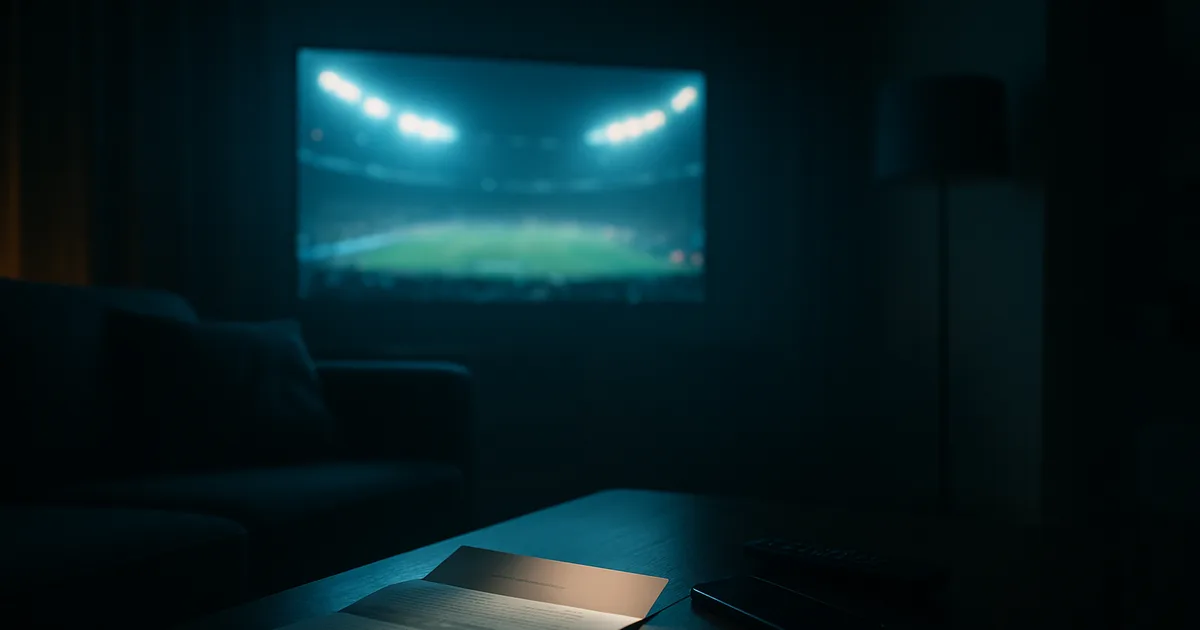 Dunkles Wohnzimmer bei Nacht: ein Fernseher zeigt eine unscharfe Fußballübertragung, auf dem Couchtisch davor liegen ein geöffneter amtlich wirkender Brief, ein Smartphone und eine Fernbedienung.