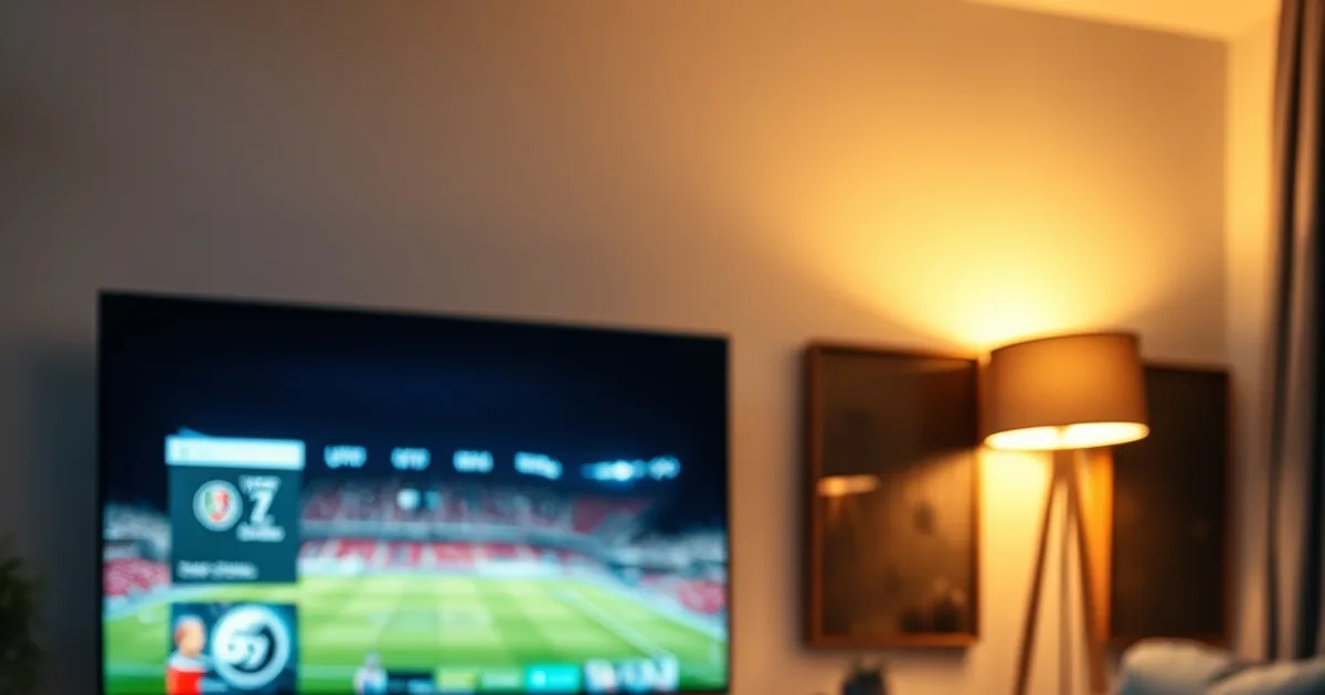 Modernes Wohnzimmer am Abend: Auf einem großen Fernseher läuft ein Bundesliga-Elfmeter, im Vordergrund auf einem Couchtisch liegt ein Tablet mit einem Formel-1-Rennen im Bild, daneben ein Smartphone mit einer Serie – warmes Lampenlicht, drei Bildschirme gleichzeitig aktiv, ruhige und zugleich spannungsgeladene Atmosphäre.