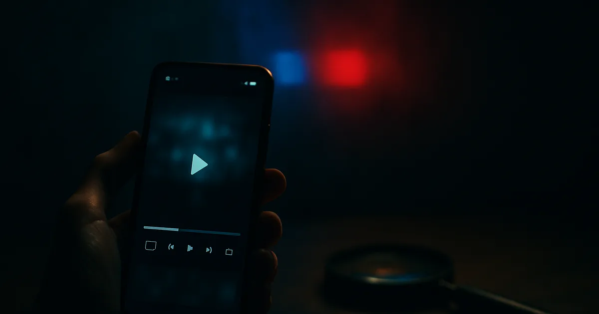 Eine Hand hält ein Smartphone mit angehaltener Streaming-App im dunklen Raum, im Hintergrund schimmern schwach blau-rote Lichtreflexe und eine Lupe liegt daneben — Sinnbild für die Sicherheitsprüfung des IPTV-Anbieters.
