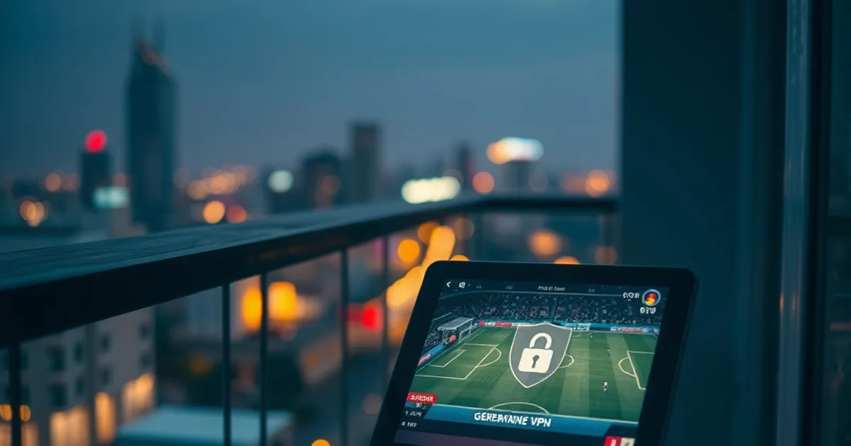 Tablet auf einem Hotelbalkon zeigt einen Live-Fußballstream mit einem Sicherheits-Symbol, das eine aktive VPN-Verbindung symbolisiert