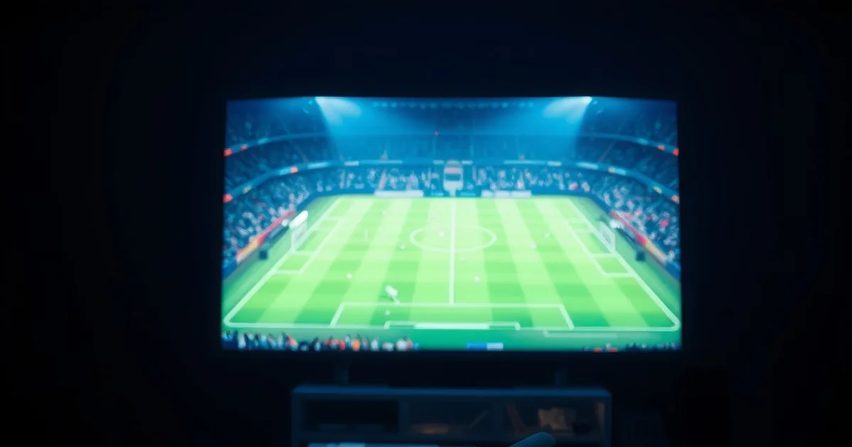 Dunkles Wohnzimmer bei Nacht, großer Fernseher zeigt den Schein eines beleuchteten Fußballstadions, Fernbedienung und Streaming-Stick im Vordergrund