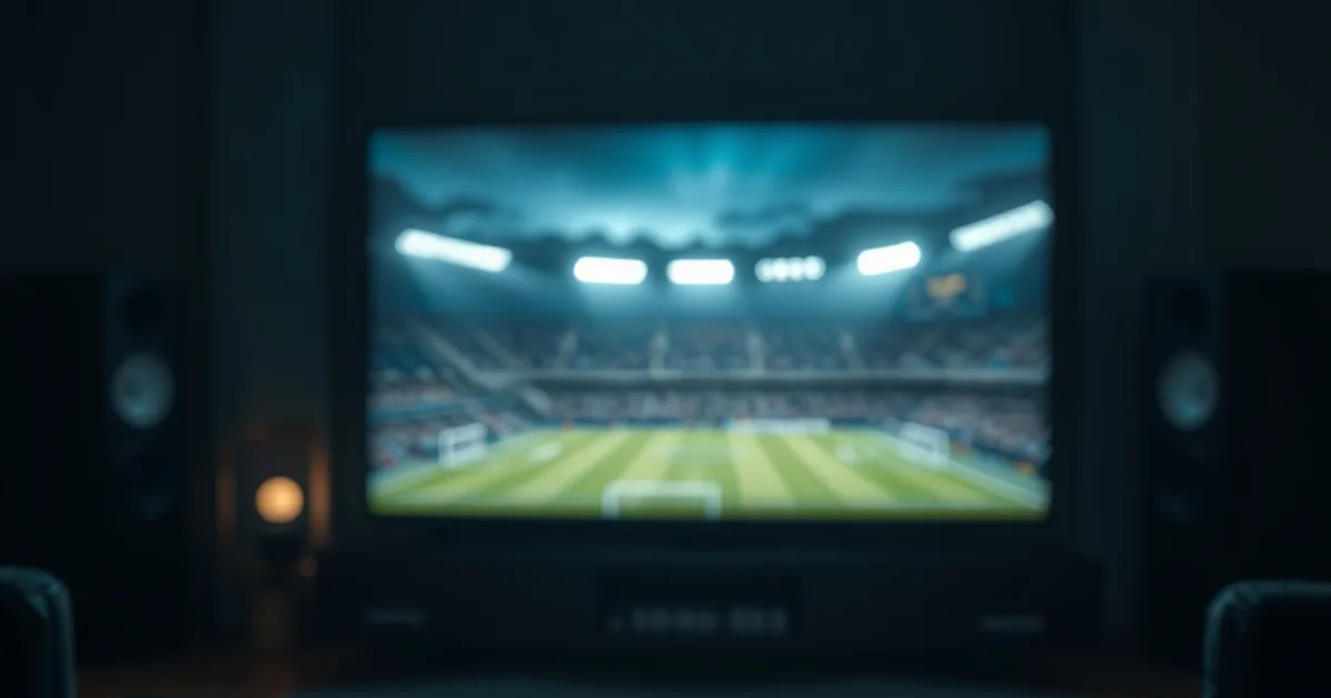 Dunkles Wohnzimmer bei Nacht, ein Fernseher zeigt das verschwommene Flutlicht eines Fußballstadions, im Vordergrund eine Fernbedienung auf einem Holztisch
