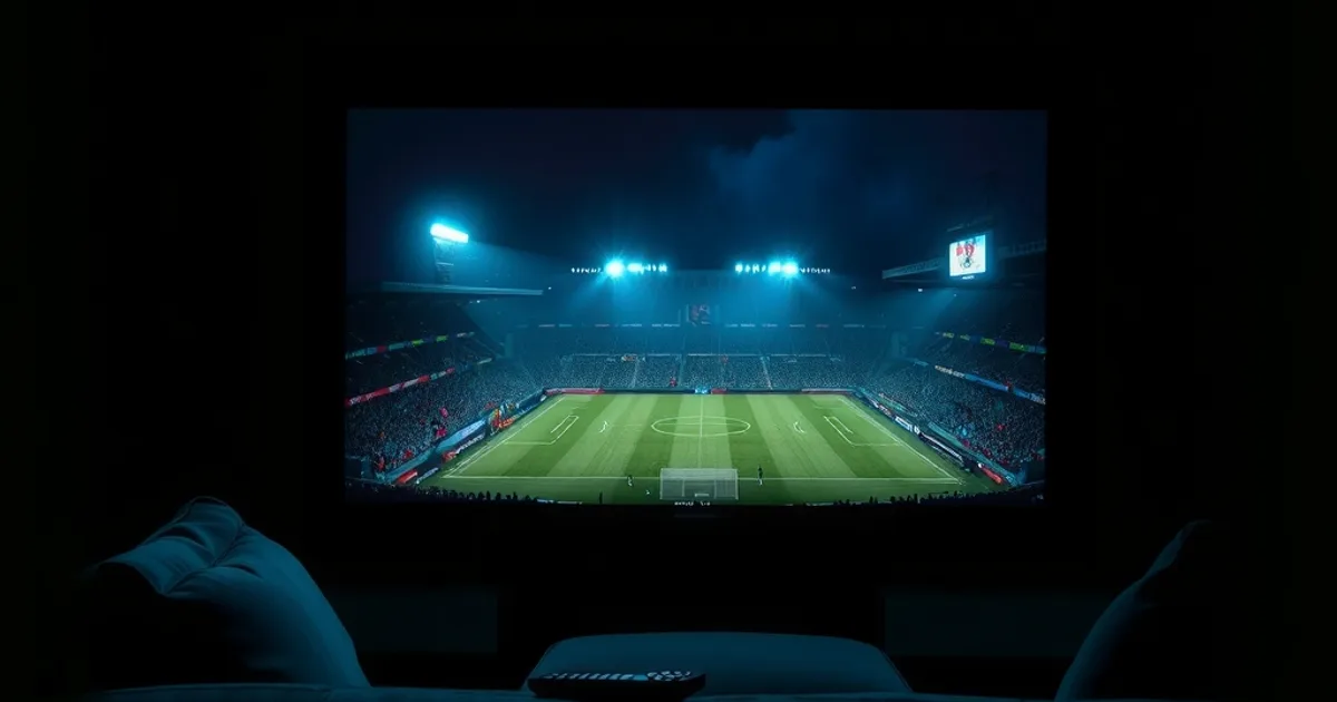 Dunkles Wohnzimmer mit leuchtendem Fernseher, der ein Flutlicht-Fußballstadion zeigt, sinnbildlich für Champions-League-Streaming per IPTV