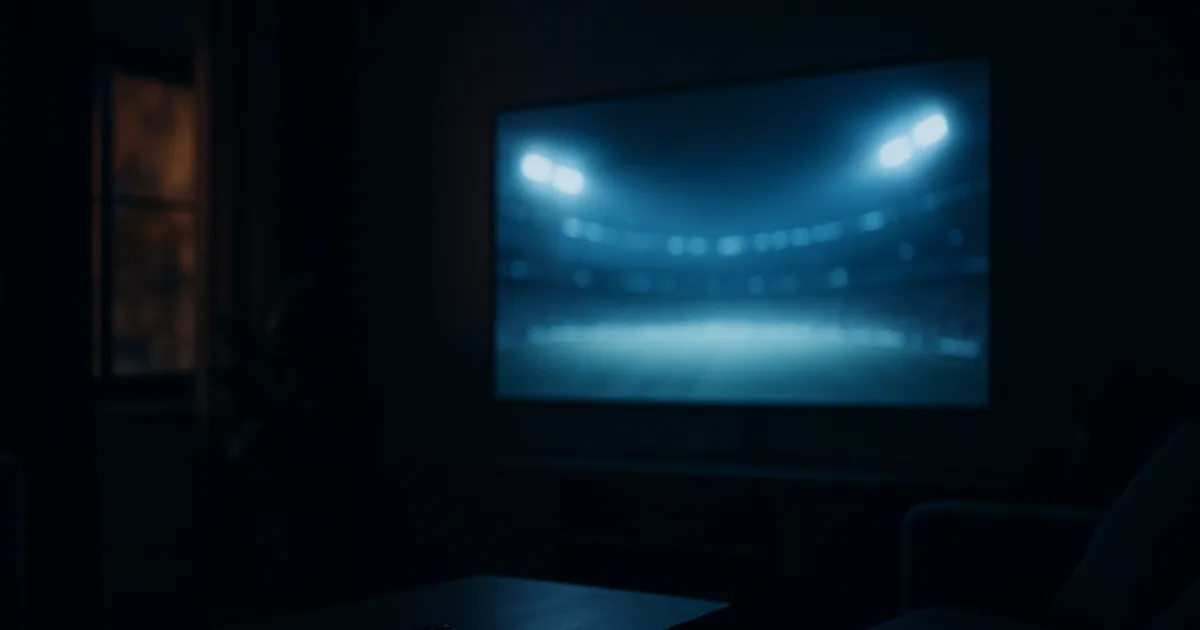 Dunkles, stimmungsvolles Wohnzimmer bei Nacht mit dem blauen Schein eines großen Fernsehers, der ein Fußballstadion mit Flutlicht zeigt – Symbolbild für das Verfolgen der DFB-Länderspiele per IPTV.