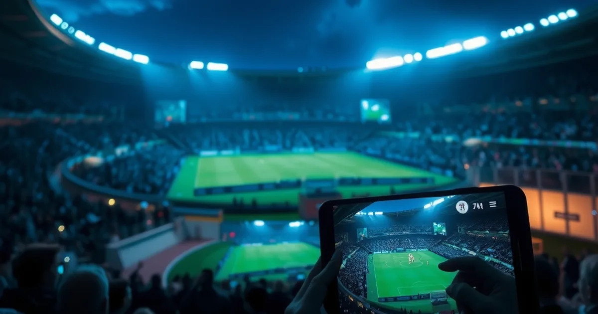 Dunkle, cineastische Szene: ein Flutlichtstadion bei Nacht im Hintergrund, im Vordergrund ein Fernseher und ein Smartphone, die dasselbe Live-Spiel zeigen
