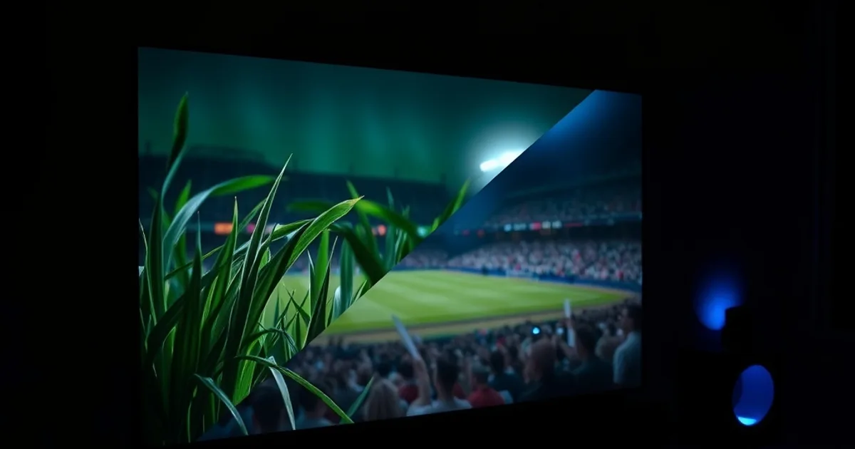 Ein Fernsehbildschirm im dunklen Wohnzimmer zeigt eine Stadionszene, links gestochen scharf in nativer 4K-Qualität, rechts sichtbar weicher durch Hochskalierung.