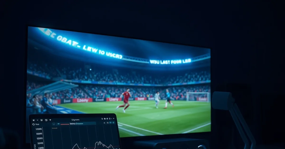 Dunkle Szene mit TV-Bildschirm und Live-Fußballübertragung neben einem Laptop mit Netzwerk-Diagnosegrafiken zu Bitrate und Latenz