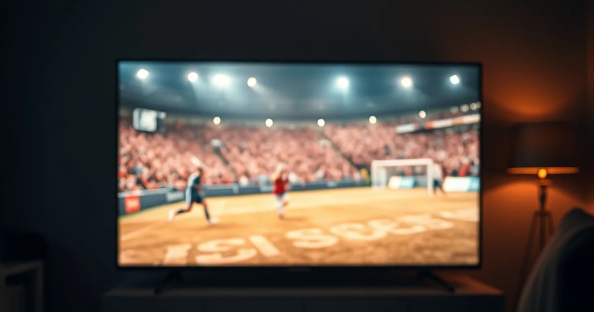 Dunkles, gemütliches Wohnzimmer am Abend: Ein großer Fernseher zeigt ein spannendes Elfmeterschießen, davor auf dem Couchtisch liegen eine IPTV-Box mit leuchtenden Anzeigen, eine Fernbedienung und eine Stoppuhr, warmes Licht mit dezentem rotem Schimmer, konzentrierte, angespannte Heimkino-Atmosphäre, keine Gesichter erkennbar, kein Text, kein Logo.