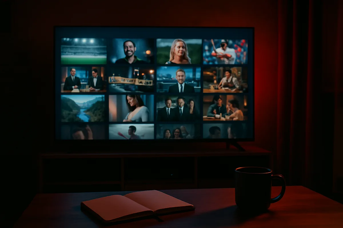 Fernseher im dunklen Raum zeigt eine Übersicht verschiedener Sender und Inhalte nebeneinander