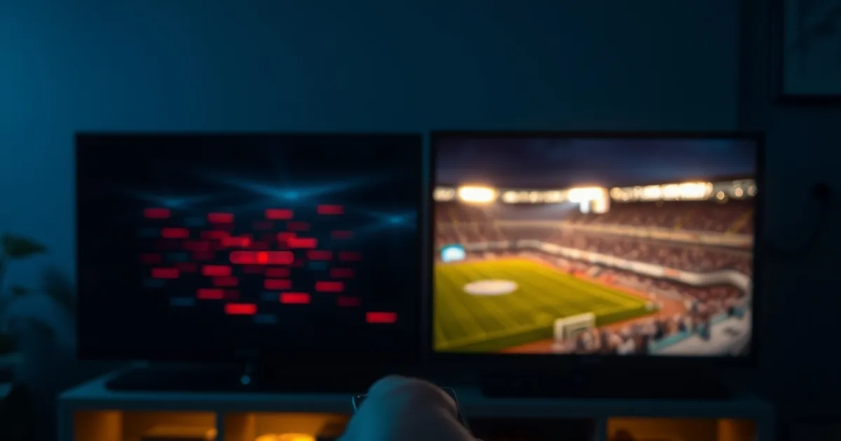 Nahaufnahme einer Hand mit Fernbedienung vor zwei Bildschirmen im dunklen Wohnzimmer – ein Screen verliert das Signal, der andere zeigt ein Stadion im warmen Flutlicht