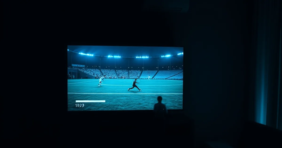 Dunkles Wohnzimmer bei Nacht mit einem Fernseher, auf dem ein Fußballspiel mit Ladesymbol eingefroren ist, im Vordergrund ein blinkender Router