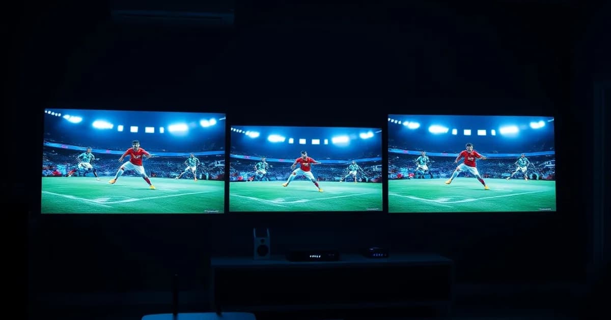 Dunkler, moderner Wohnraum mit drei gleichzeitig laufenden Bildschirmen für Fußball-Übertragungen und sichtbaren Streaming-Geräten