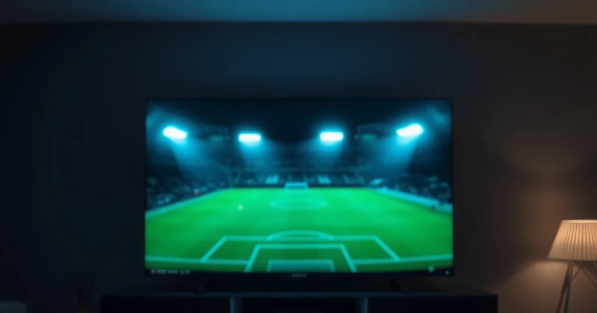 Dunkles, stilvolles Wohnzimmer mit einem Apple TV 4K vor einem Fernseher, der ein Live-Fußballspiel im Stadionlicht zeigt