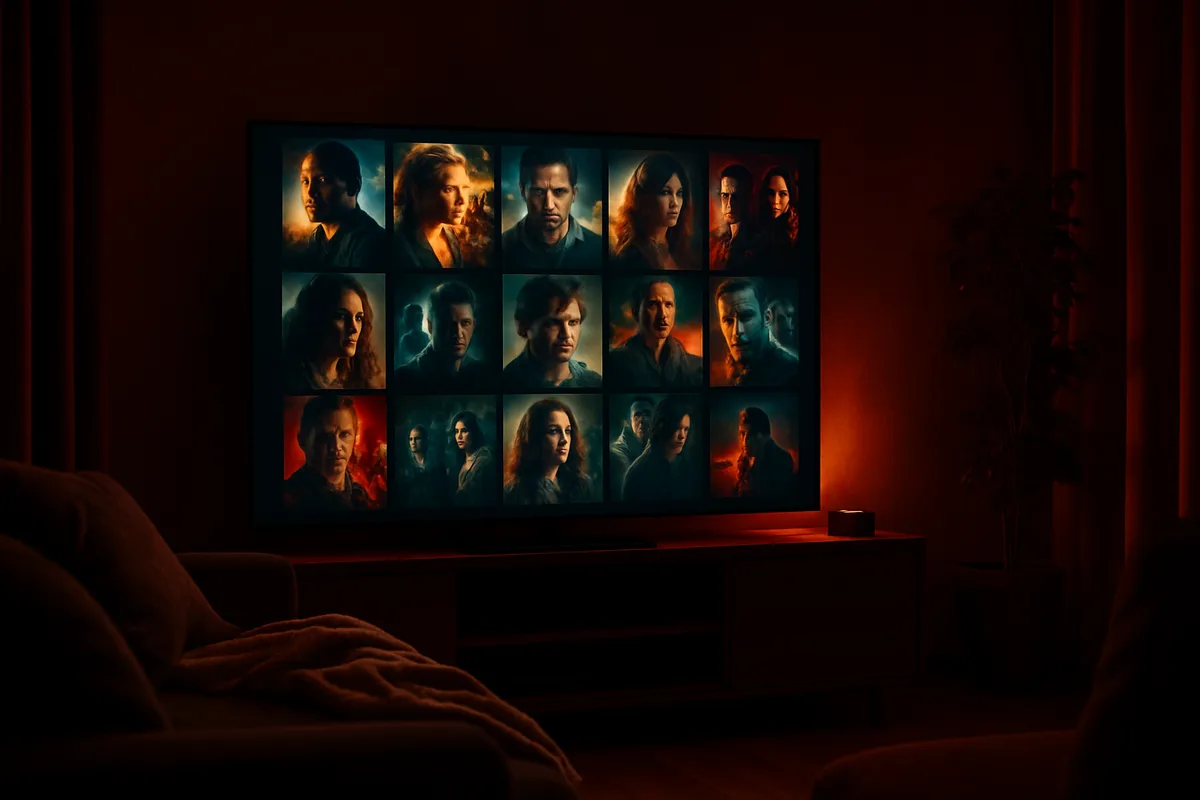 Fernseher zeigt ein großes Film- und Serienarchiv mit Postern nebeneinander in einem dunklen Wohnzimmer