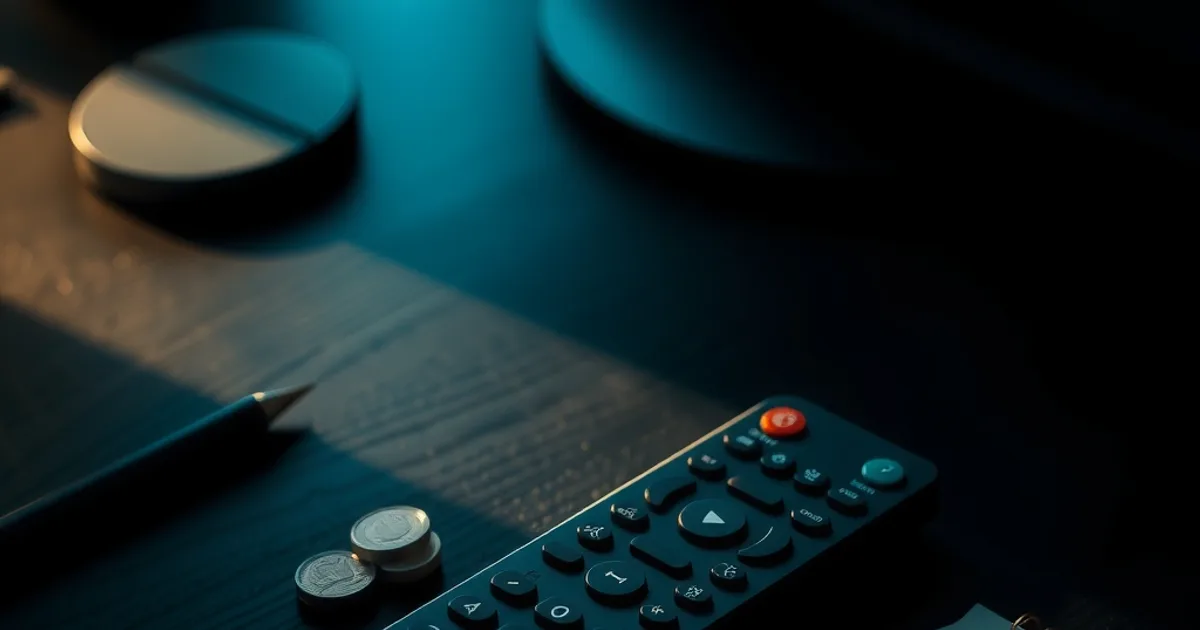 Eine Fernbedienung liegt neben gestapelten Münzen und einem Kalenderblatt auf einem dunklen Tisch, sinnbildlich für das Sparen bei einem IPTV-Jahresabo