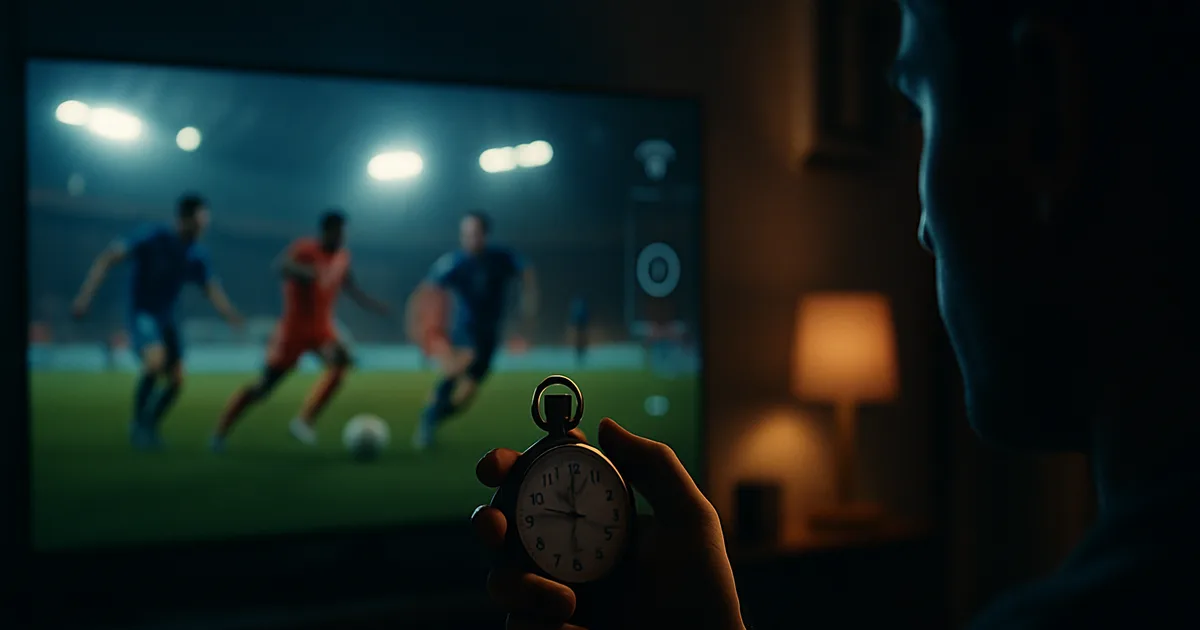Eine Person prüft nachts mit einer Stoppuhr die Bildqualität und Latenz eines laufenden Fußballspiels auf einem großen Fernseher.