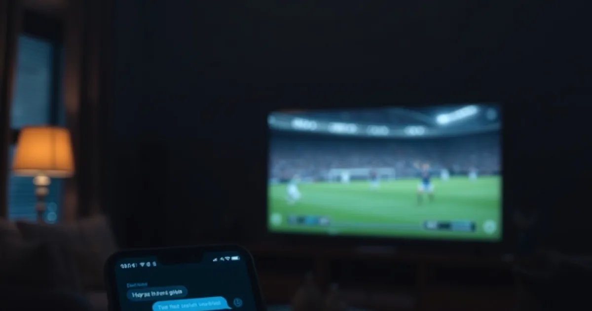 Ein leuchtendes Smartphone mit einem Chat-Support-Gespräch im Vordergrund, im Hintergrund unscharf ein Fernseher mit einem Fußballspiel in einem dunklen Wohnzimmer bei Nacht