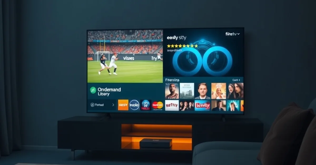 Dunkles Wohnzimmer mit Fernseher, der gleichzeitig einen Live-Sport-Stream und eine Mediathek-Übersicht zeigt