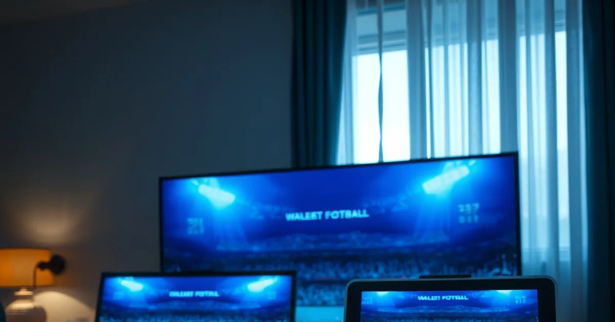 Zwei Bildschirme nebeneinander in einem dunklen Wohnzimmer, beide zeigen live Fußballübertragungen im synchronen Vergleich, davor eine Stoppuhr und ein Notizblock