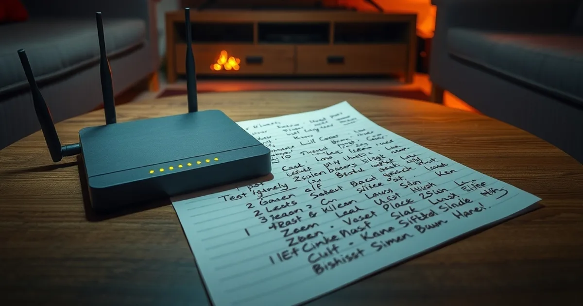 Dunkles, gemütliches Wohnzimmer am Abend: Auf dem Couchtisch liegt ein aufgeschlagenes Notizheft mit handschriftlichen Testreihen neben einem Router mit mehreren blinkenden Status-LEDs, im Hintergrund läuft auf dem großen Fernseher ein Handballspiel, warmes Licht mit dezentem rotem Schimmer, konzentrierte Heimkino-Atmosphäre, keine Gesichter erkennbar, kein Text im Bild, kein Logo.