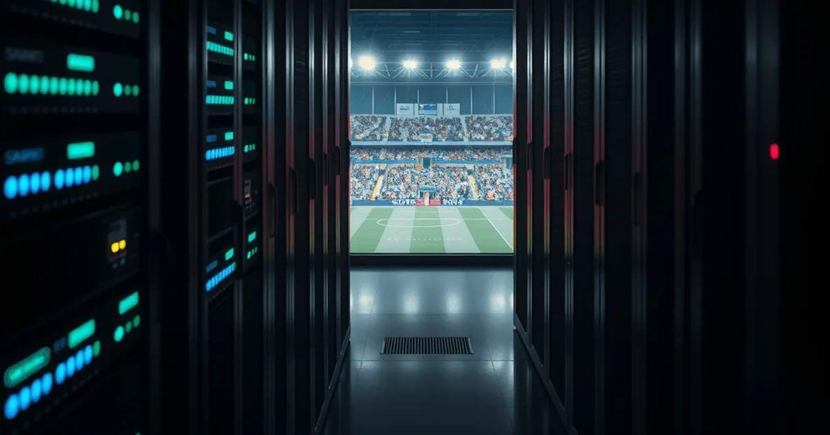 Dunkler Serverraum mit leuchtenden Netzwerk-Racks bei Nacht, im Hintergrund die verschwommene Reflexion eines Fußballstadions als Sinnbild für Live-Streaming-Infrastruktur