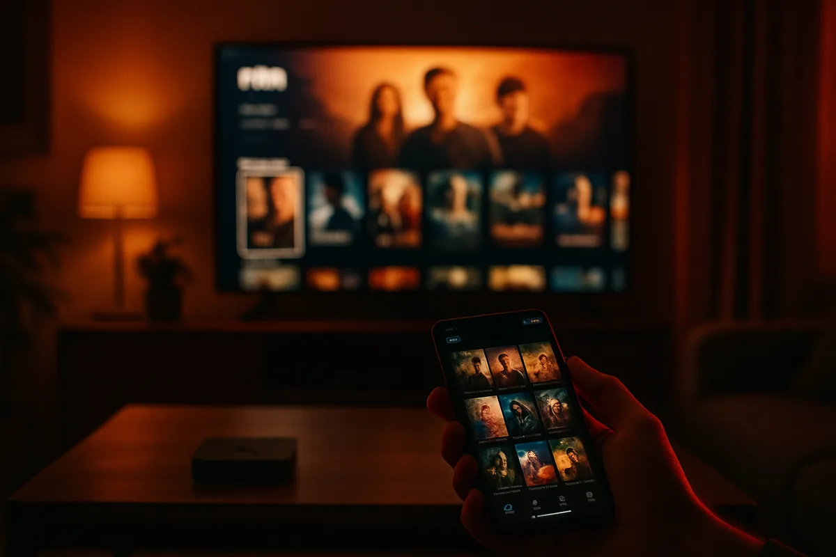 Streaming-Box und Smartphone zeigen dieselbe TV-Oberfläche neben einem großen Fernseher im Abendlicht