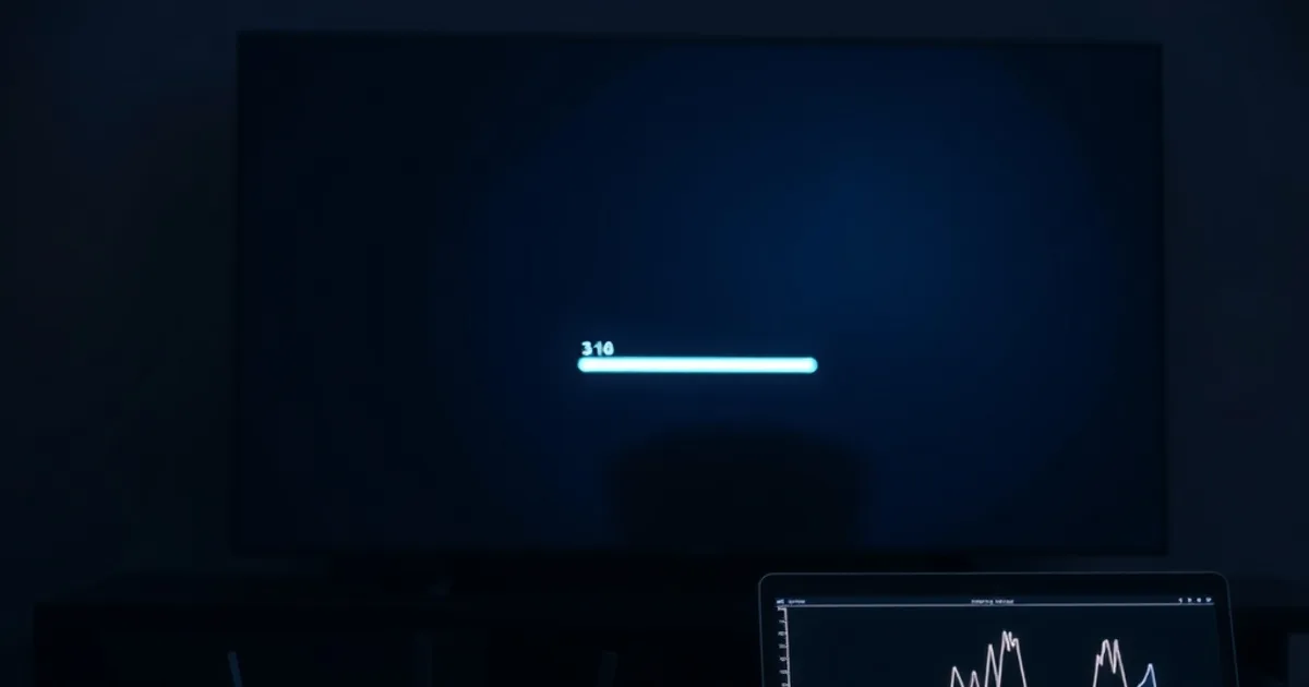 Dunkles Heimkino bei Nacht mit blinkendem Router und Laptop-Netzwerkdiagramm vor einem TV-Bildschirm mit Ladesymbol
