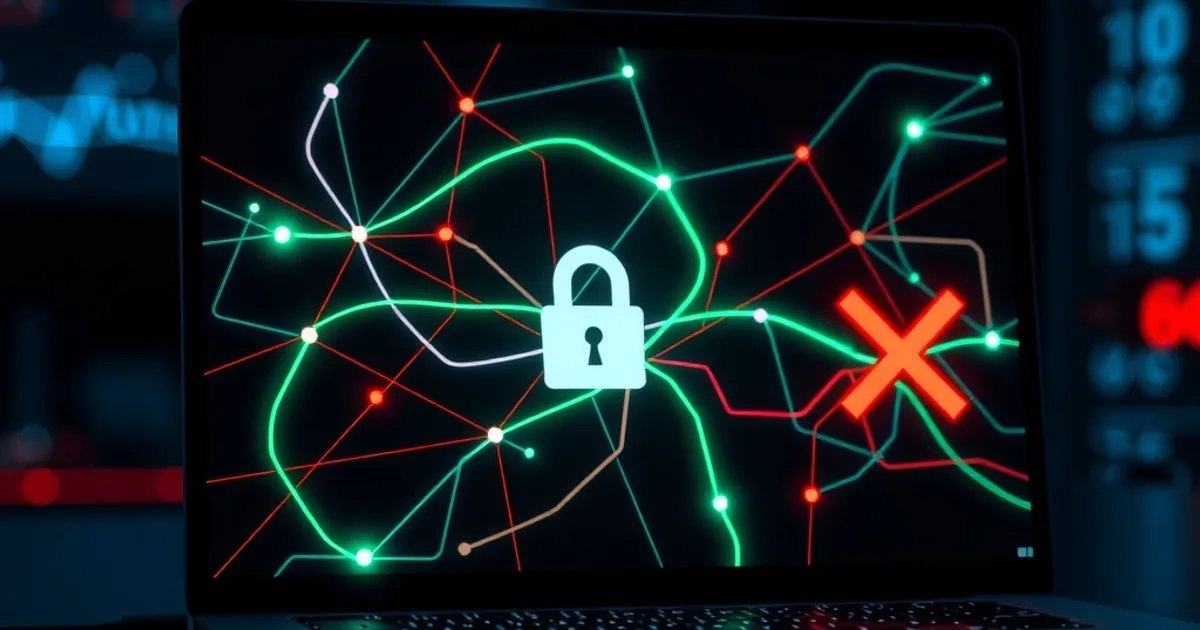 Dunkle Szene mit Laptop-Bildschirm, der ein Netzwerkdiagramm mit blockiertem und funktionierendem Datenpfad zeigt, Symbol für VPN-Diagnose bei IPTV
