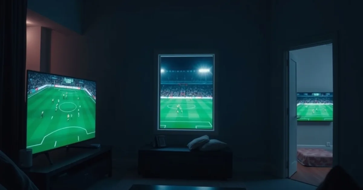 Dunkles Wohnzimmer bei Nacht mit zwei gleichzeitig laufenden Fußball-Streams auf unterschiedlichen Bildschirmen in getrennten Räumen