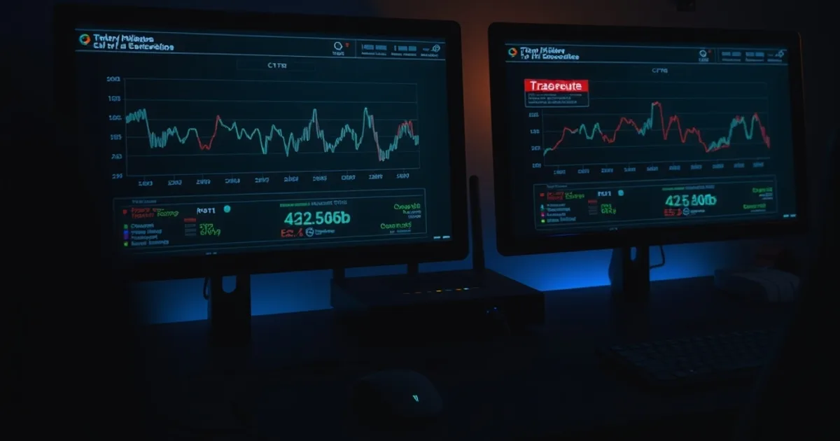 Dunkles Arbeitszimmer nachts mit zwei Monitoren, die Netzwerk-Diagnosegrafiken und eine Traceroute mit rot markiertem Engpass-Knoten zeigen, im Hintergrund ein blau beleuchteter Router.