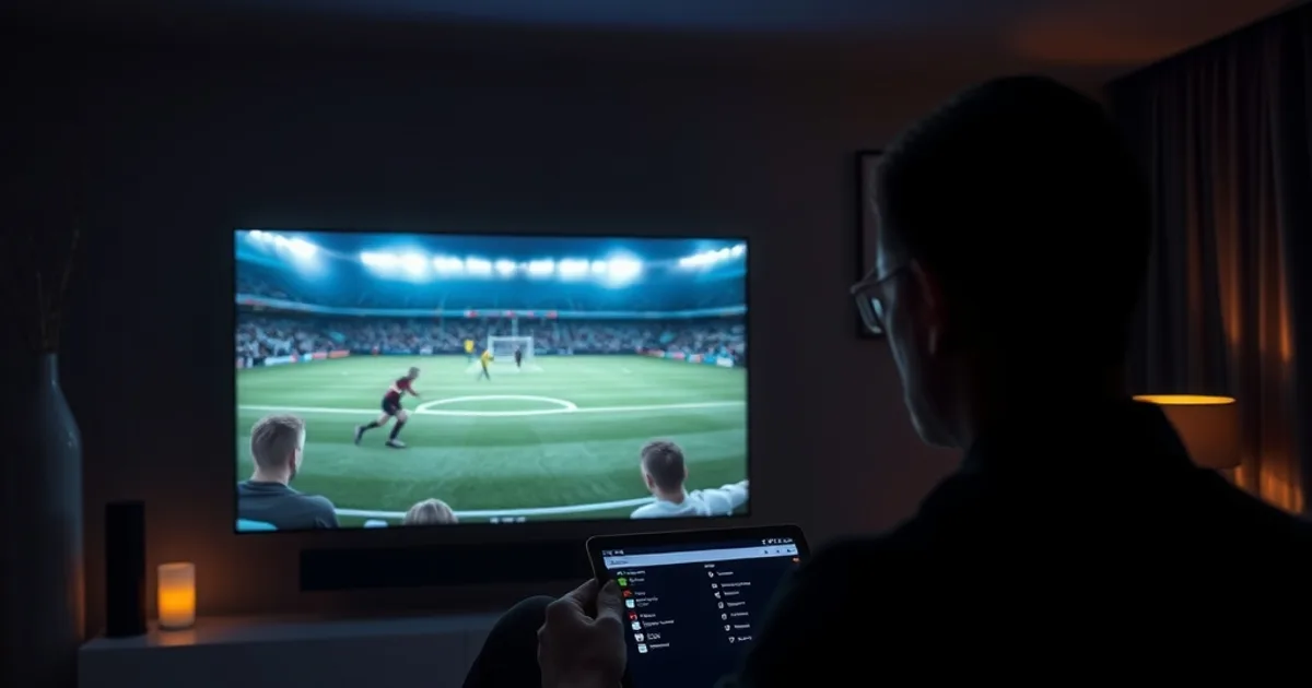Dunkles Wohnzimmer bei Nacht, beleuchtet vom Fernsehbildschirm mit Fußballspiel, im Vordergrund ein Tablet mit Checkliste