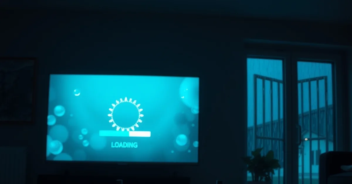 Dunkles Wohnzimmer nachts, TV-Bildschirm mit Ladesymbol, Router mit rot blinkenden Lichtern im Vordergrund, symbolisch für eine ISP-Sperre