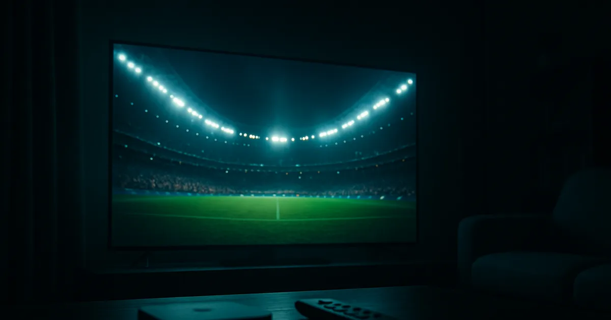 Dunkles Wohnzimmer bei Nacht, ein großer Fernseher zeigt ein volles WM-Stadion, davor eine IPTV-Box und Fernbedienung auf einem Tisch.
