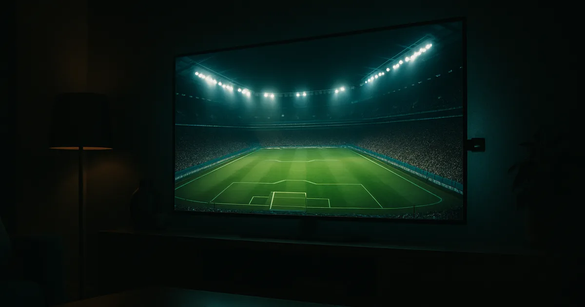 Abgedunkeltes Wohnzimmer bei Nacht, ein großer Fernseher zeigt ein hell erleuchtetes WM-Stadion, ein Streaming-Stick steckt im HDMI-Anschluss, auf dem Tisch spiegelt ein Smartphone dasselbe Spiel.