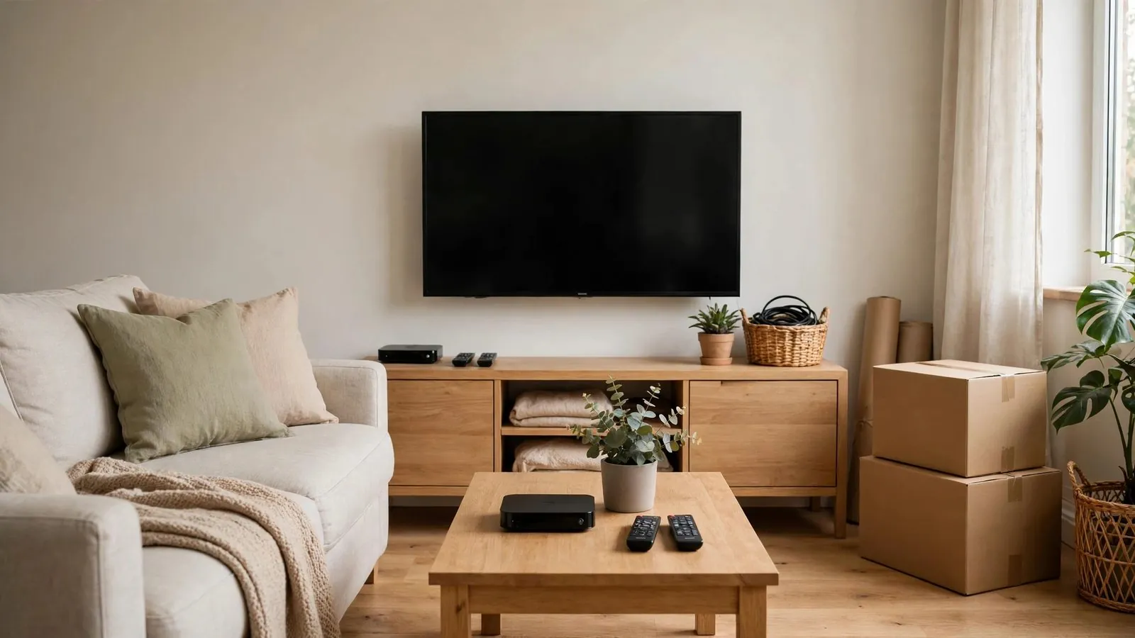 Helles Wohnzimmer mit aufgestelltem Sofa und einem ausgeschalteten Fernsehschirm.